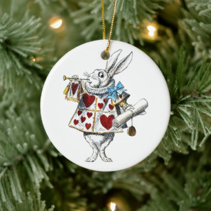 White Rabbit Alice Wonderland Hearts Ceramic Ornament