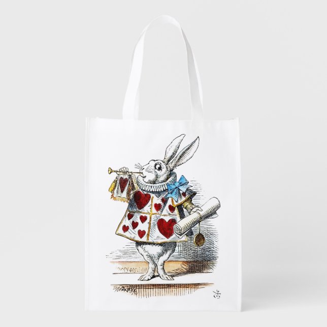 White Rabbit Alice Wonderland Hearts Grocery Bag (Front)