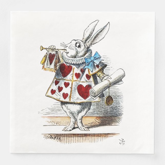 White Rabbit Alice Wonderland Hearts Paper Dinner Napkins (Front)