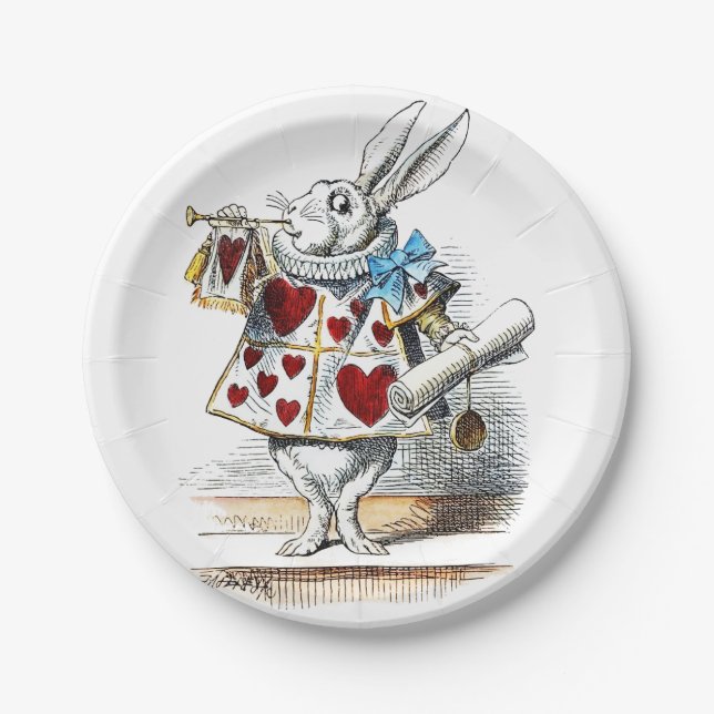 White Rabbit Alice Wonderland Hearts Paper Plates (Front)