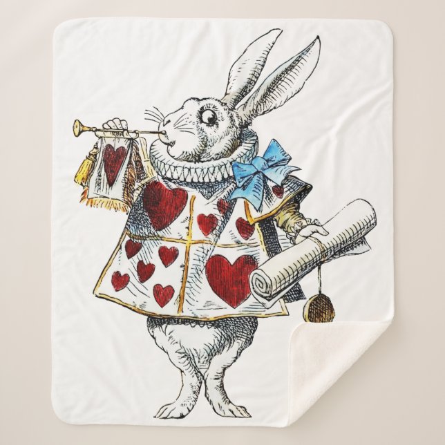White Rabbit Alice Wonderland Hearts Sherpa Blanket (Front)