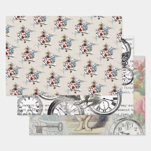 White Rabbit Alice Wonderland Hearts Wrapping Paper Sheets (Set)