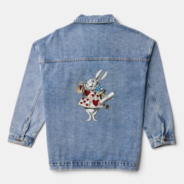 White Rabbit Alice Wonderland Rabbit of Hearts Denim Jacket (Back)