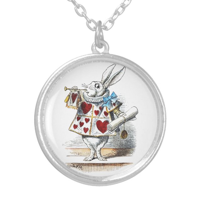 White Rabbit Alice Wonderland Rabbit of Hearts Silver Plated Necklace (Front)