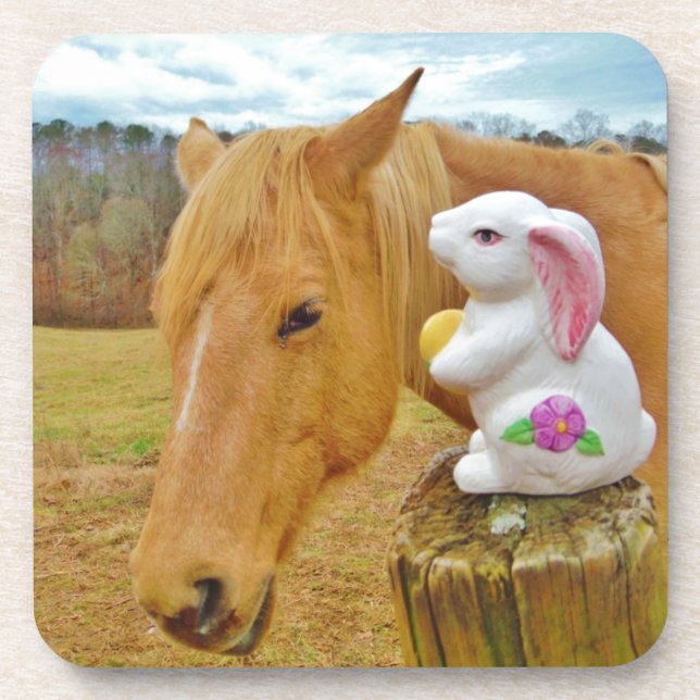 White rabbit and blond yellow horse beverage coaster (Front)