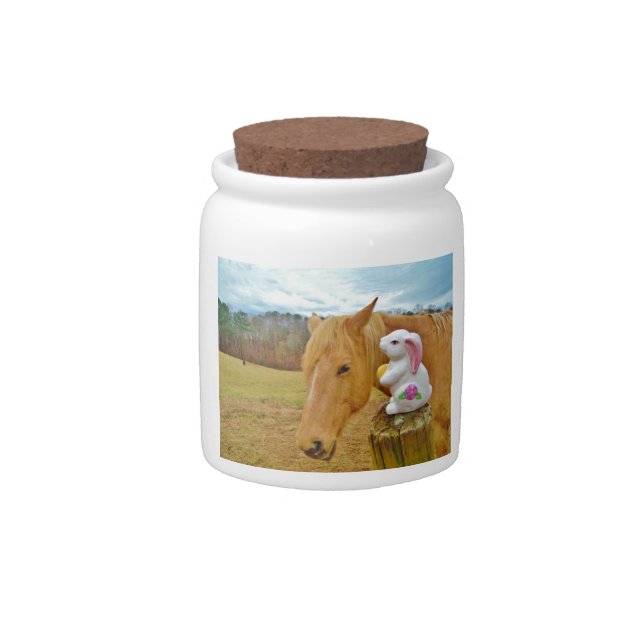 White rabbit and blond yellow horse candy jar (Front)