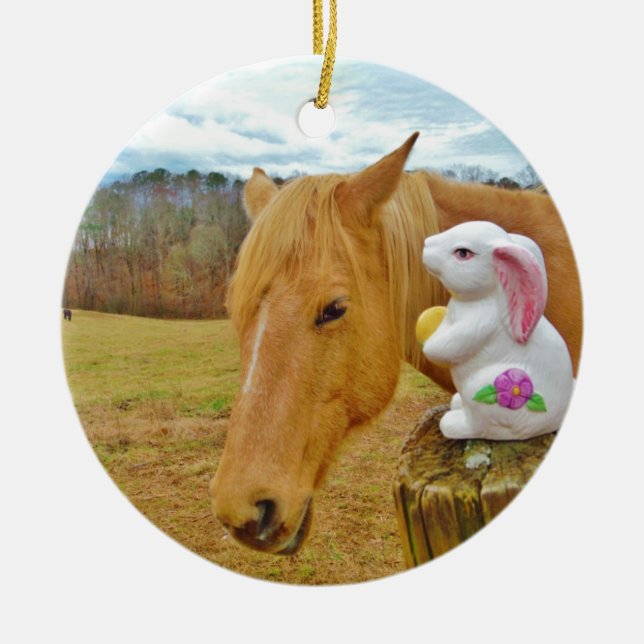 White rabbit and blond yellow horse ceramic ornament (Front)