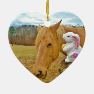 White rabbit and blond yellow horse ceramic ornament