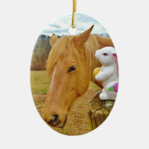 White rabbit and blond yellow horse ceramic ornament