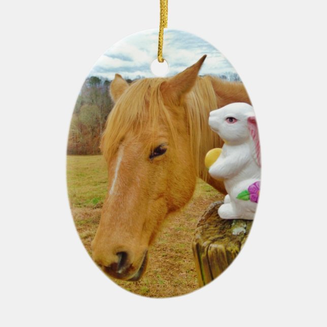White rabbit and blond yellow horse ceramic ornament (Front)