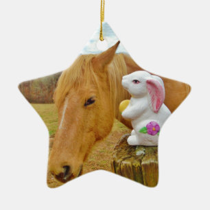 White rabbit and blond yellow horse ceramic ornament