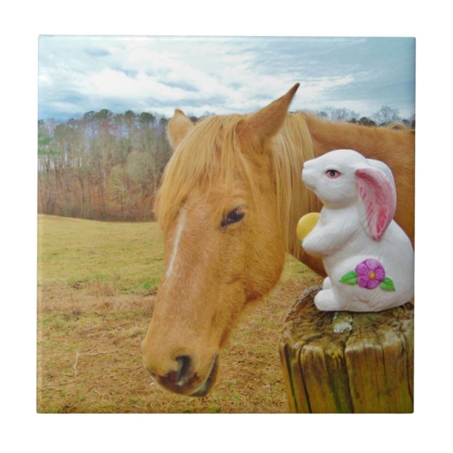 White rabbit and blond yellow horse ceramic tile (Front)
