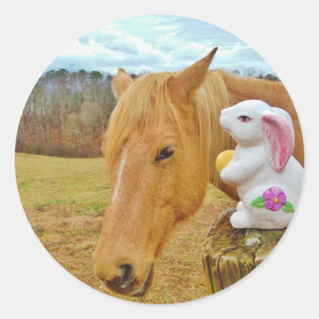 White rabbit and blond yellow horse classic round sticker (Front)