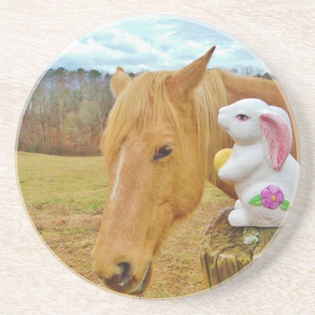 White rabbit and blond yellow horse drink coaster (Front)