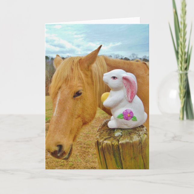 White rabbit and blond yellow horse holiday card (Front)