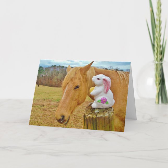 White rabbit and blond yellow horse holiday card (Front)