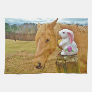 White rabbit and blond yellow horse kitchen towel