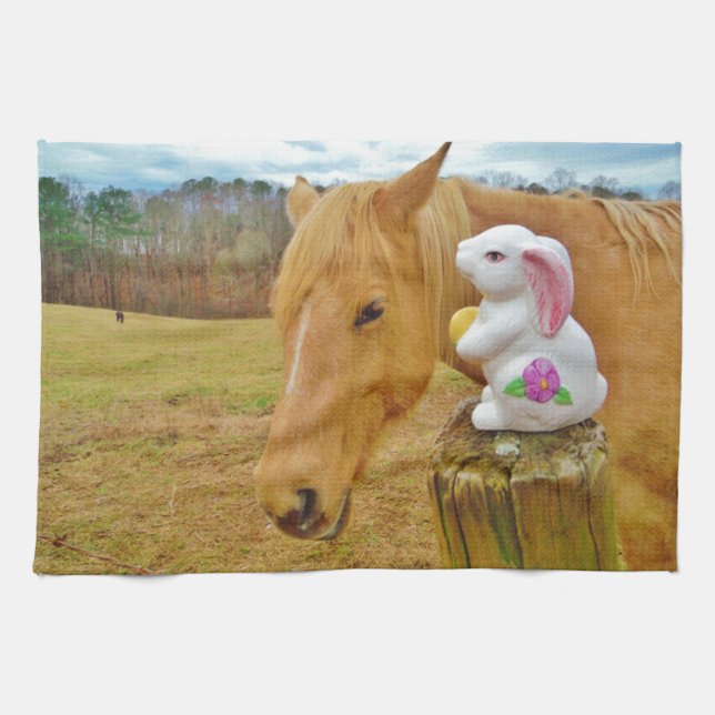 White rabbit and blond yellow horse kitchen towel (Horizontal)