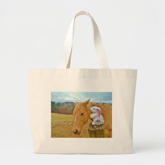 White rabbit and blond yellow horse large tote bag (Front)