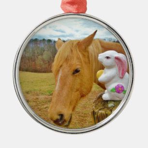 White rabbit and blond yellow horse metal ornament