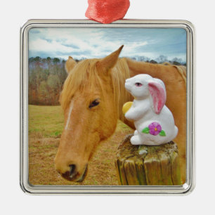 White rabbit and blond yellow horse metal ornament