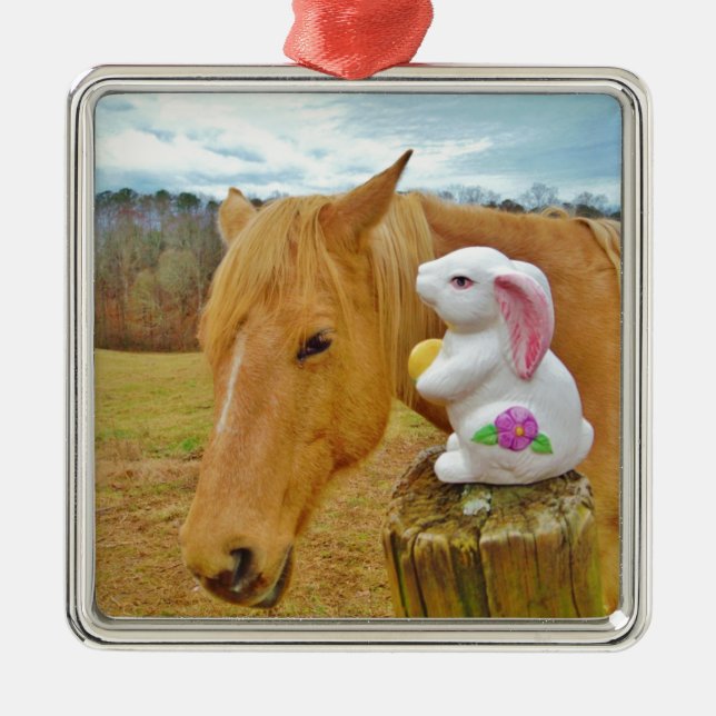 White rabbit and blond yellow horse metal ornament (Front)