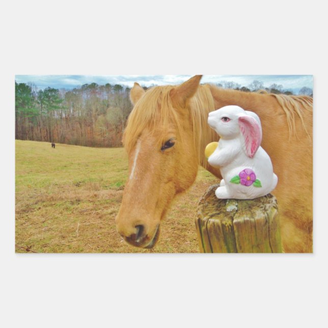 White rabbit and blond yellow horse rectangular sticker (Front)