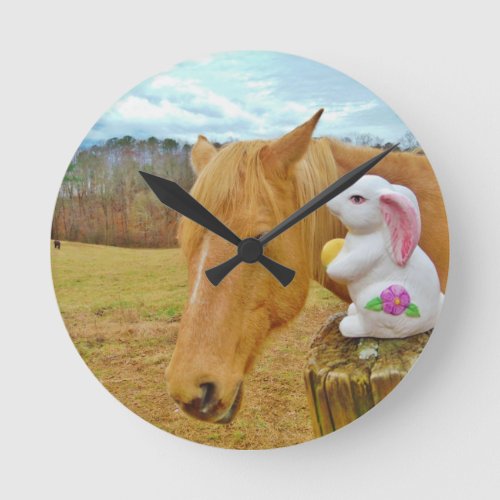 White rabbit and blond yellow horse round clock