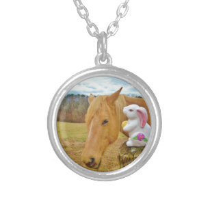 White rabbit and blond yellow horse silver plated necklace