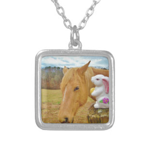 White rabbit and blond yellow horse silver plated necklace