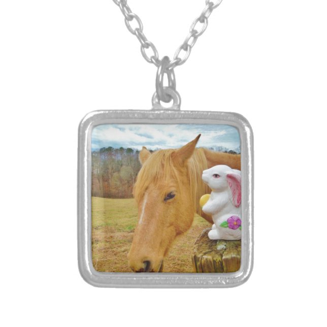 White rabbit and blond yellow horse silver plated necklace (Front)