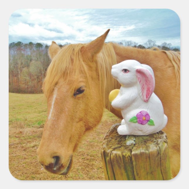 White rabbit and blond yellow horse square sticker (Front)