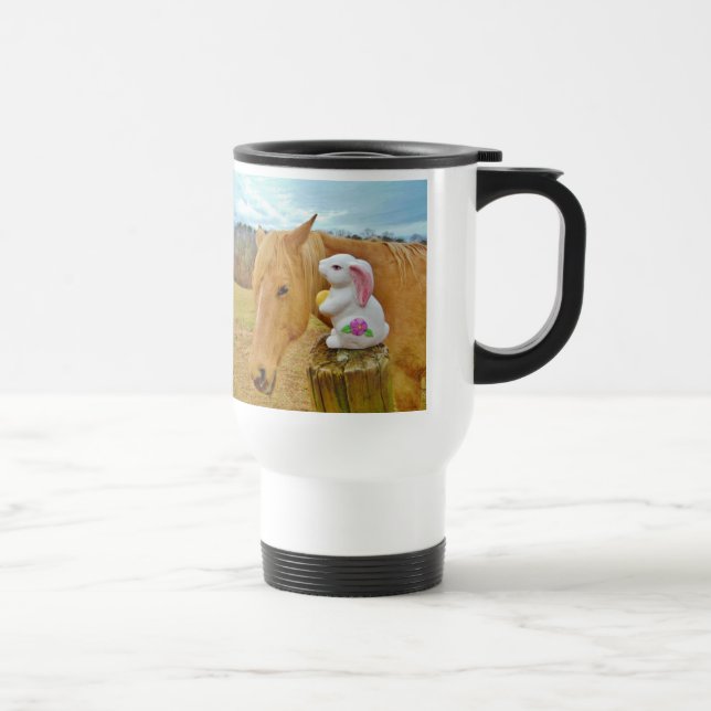 White rabbit and blond yellow horse travel mug (Right)