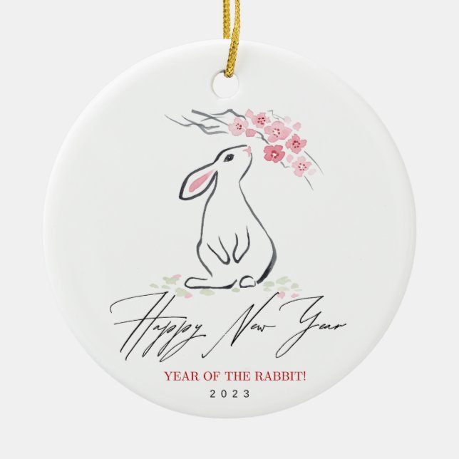 White Rabbit and Cherry Blossom Flower   Ceramic Ornament (Front)