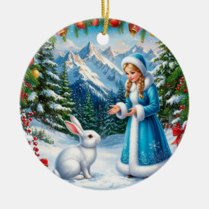 White Rabbit and Snow Maiden in Winter Woodland Ceramic Ornament