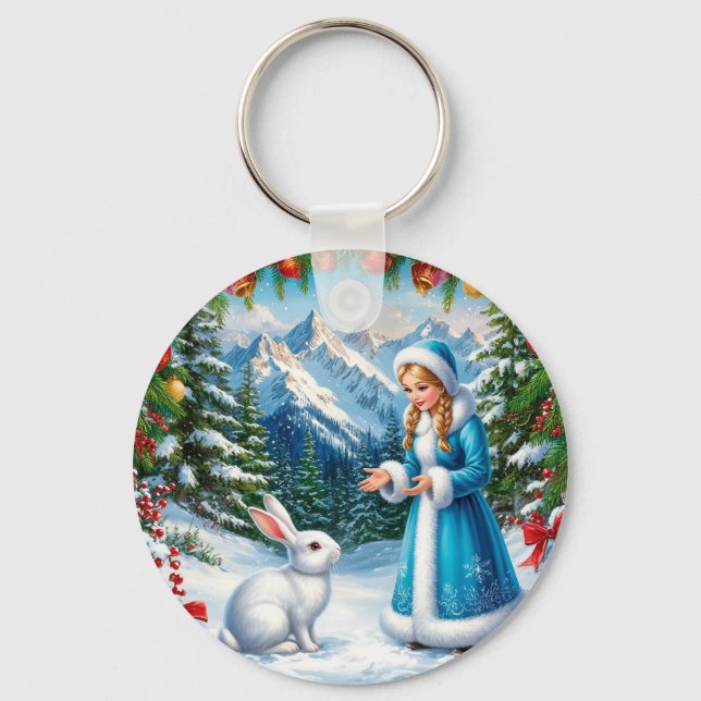 White Rabbit and Snow Maiden in Winter Woodland Keychain (Front)