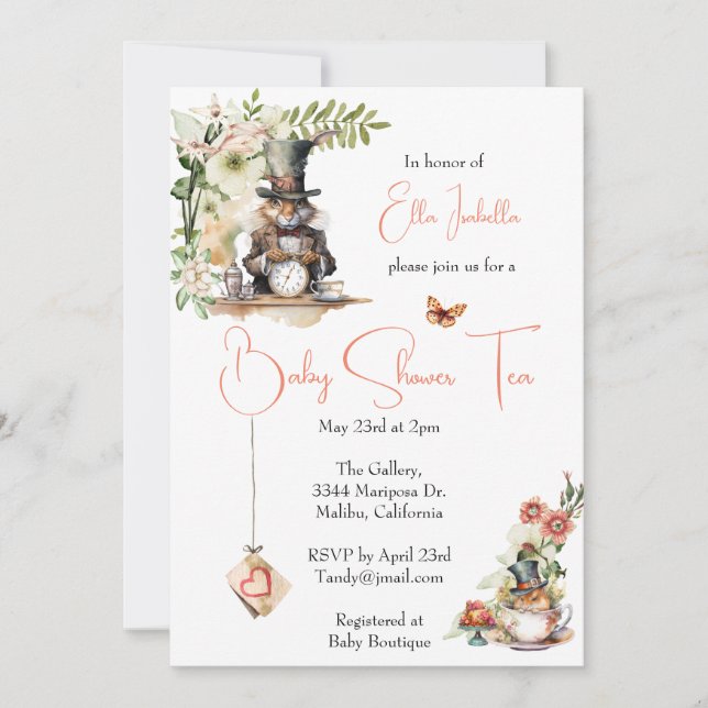 White Rabbit and Victorian Teacup Mouse Invitation (Front)