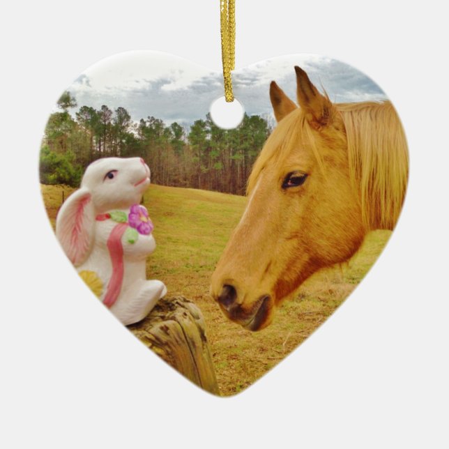 White Rabbit and Yellow Horse Ceramic Ornament (Front)