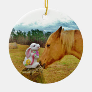 White Rabbit and Yellow Horse Ceramic Ornament