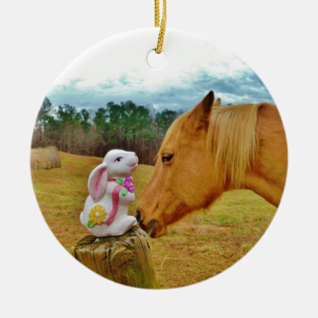 White Rabbit and Yellow Horse Ceramic Ornament (Front)