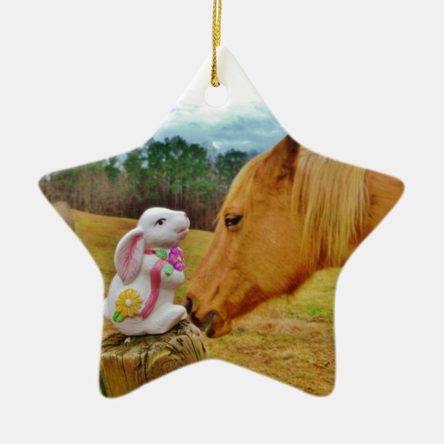 White Rabbit and Yellow Horse Ceramic Ornament (Front)