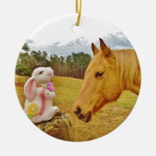 White Rabbit and Yellow Horse Ceramic Ornament