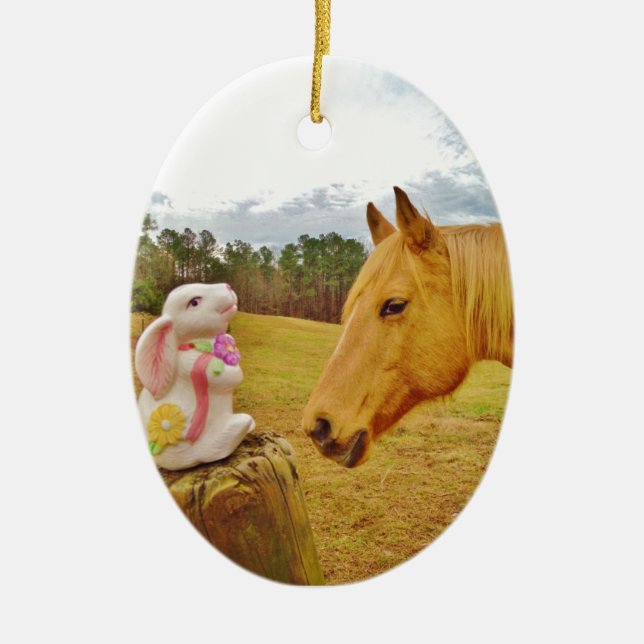 White Rabbit and Yellow Horse Ceramic Ornament (Front)