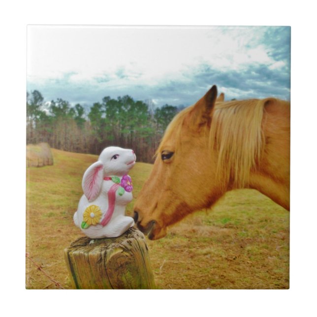 White Rabbit and Yellow Horse Ceramic Tile (Front)