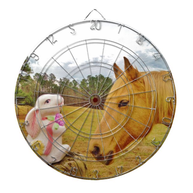 White Rabbit and Yellow Horse Dartboard With Darts (Front)
