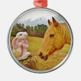 White Rabbit and Yellow Horse Metal Ornament