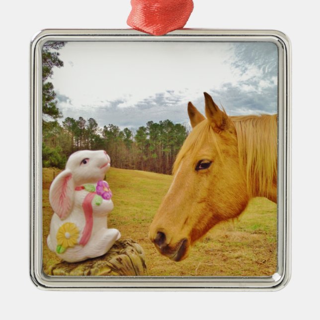 White Rabbit and Yellow Horse Metal Ornament (Front)