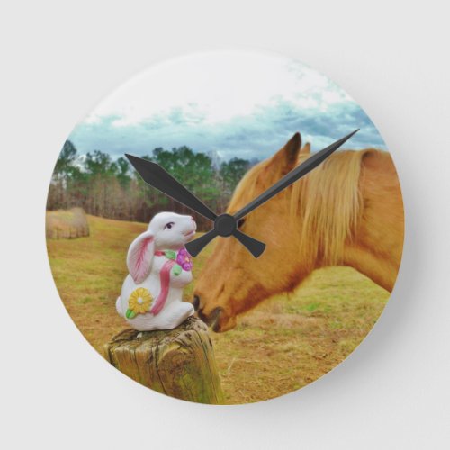 White Rabbit and Yellow Horse Round Clock