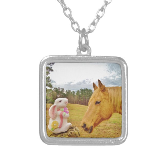White Rabbit and Yellow Horse Silver Plated Necklace (Front)