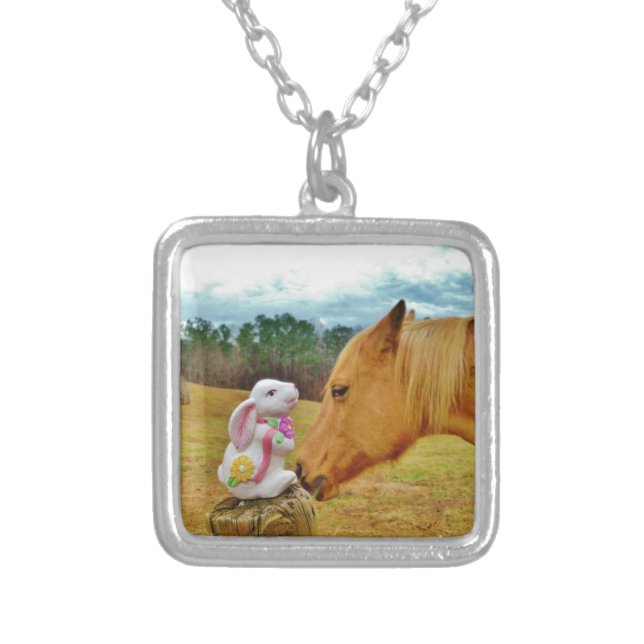 White Rabbit and Yellow Horse Silver Plated Necklace (Front)